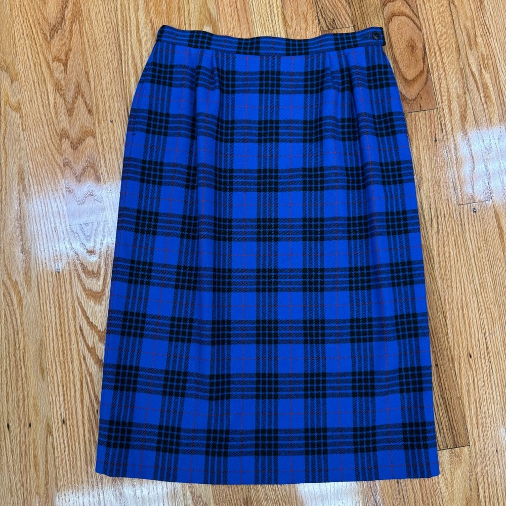 Vintage Pendleton Blue Plaid Virgin Wool Women's Lined Pencil Skirt with Pockets